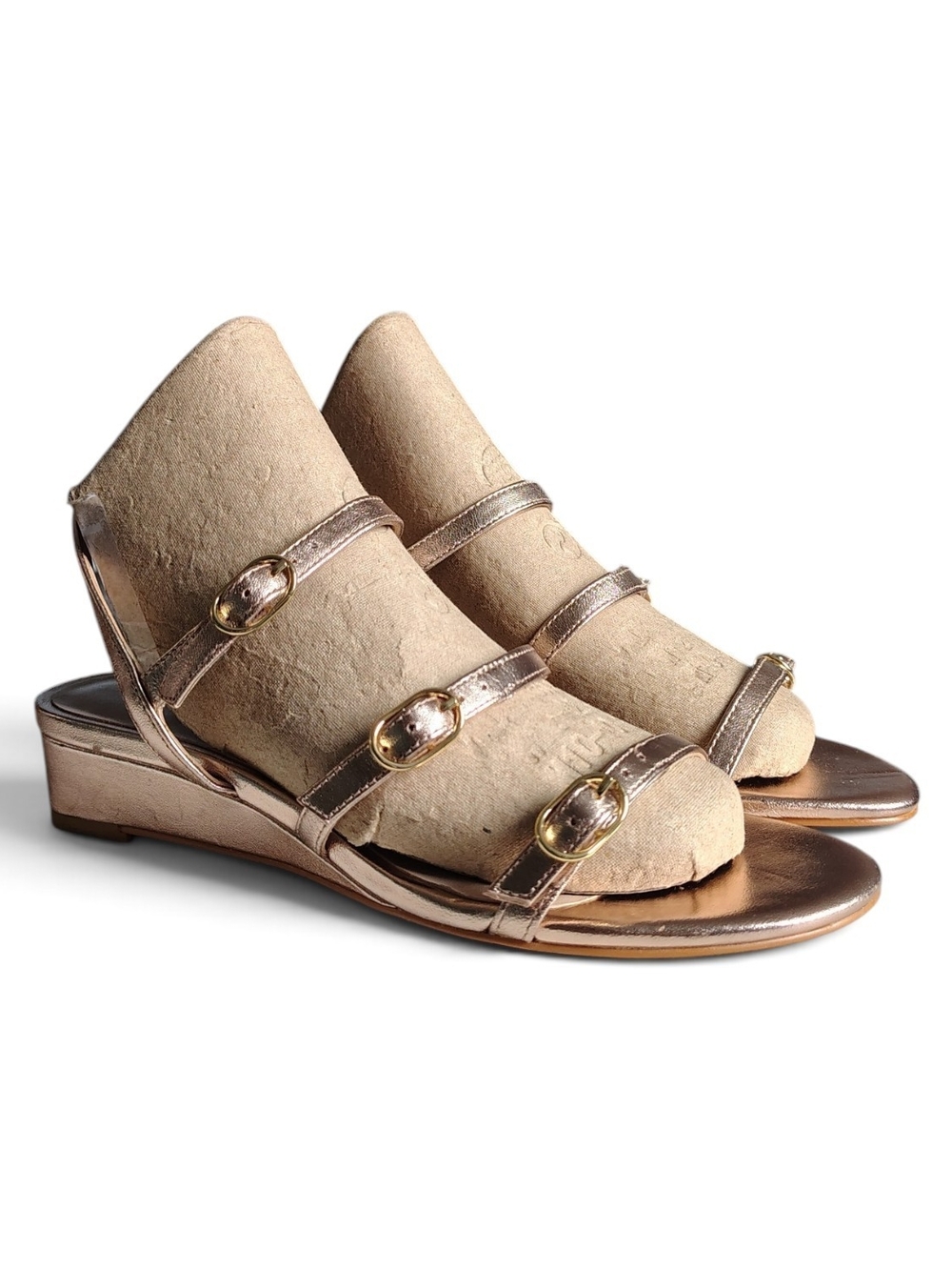 Stuart Weitzman Grecian Rose Gold Metallic Leather Multi Strap Wedge Sandals 7